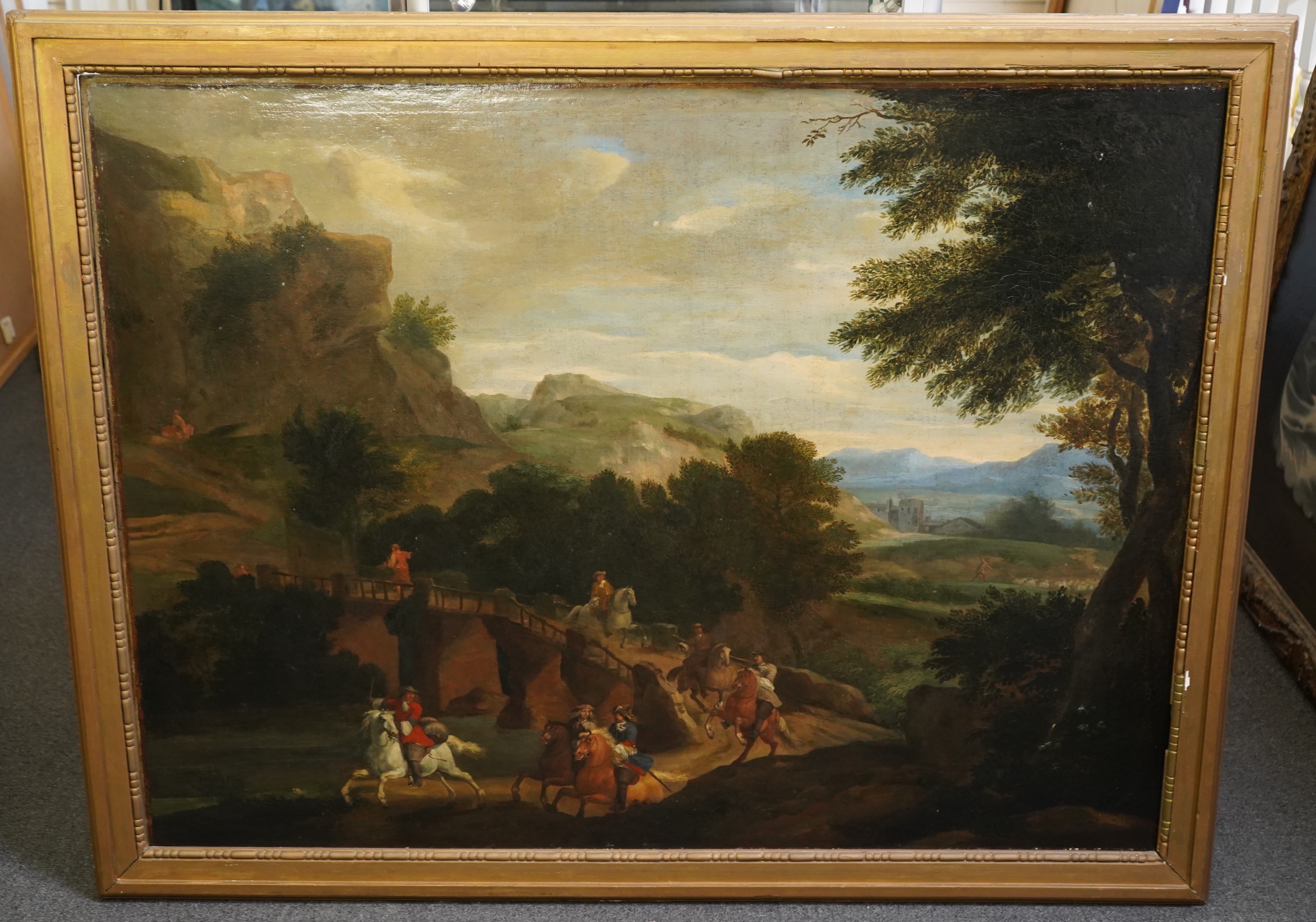 19th century Flemish School , 17th century style Italianate landscape with riders on a lane, oil on canvas, 56 x 129cm